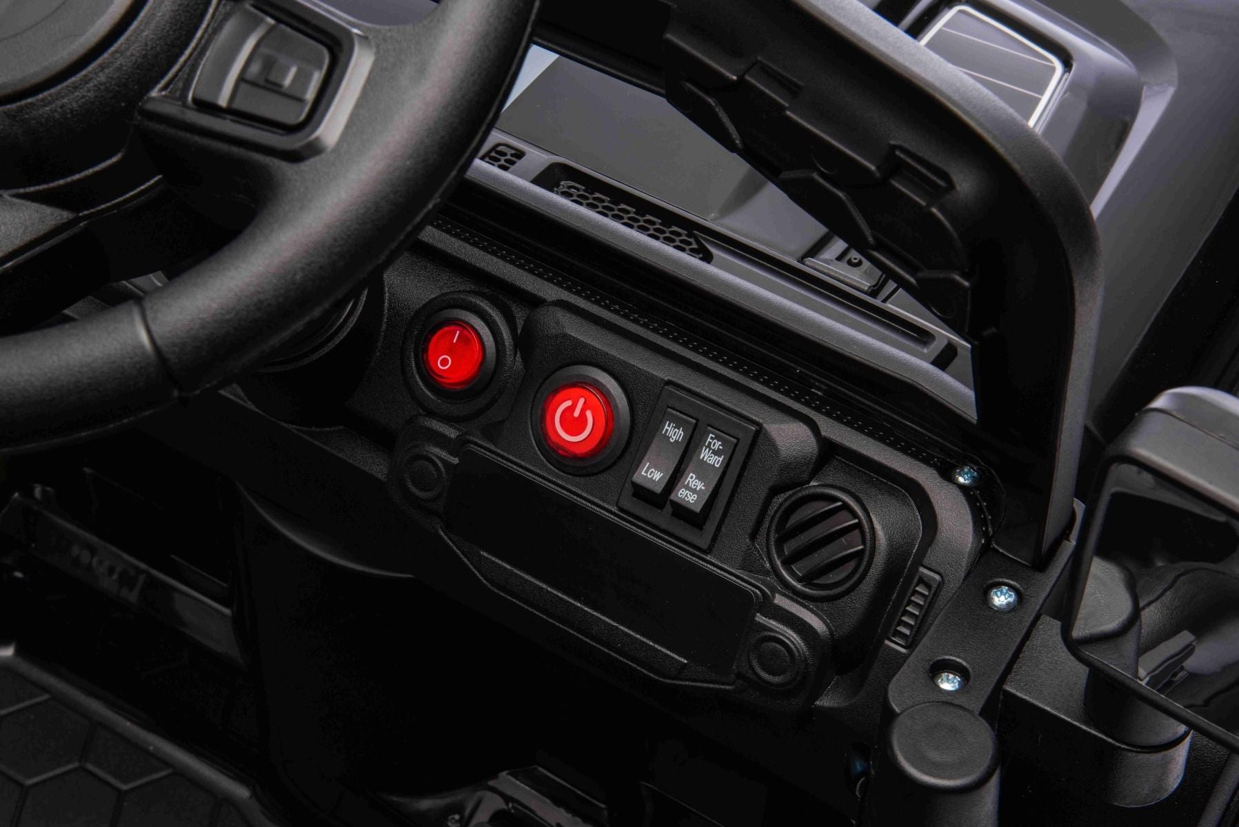 Voiture électrique pour enfants OFFROAD NEW avec traction arrière, noir, batterie lithium, châssis haut, siège large, suspension arrière, télécommande 2,4 GHz, lumières LED