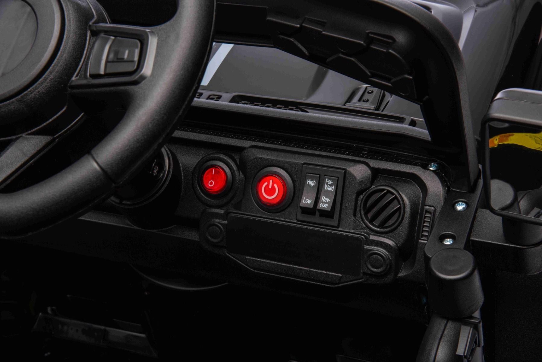 Voiture électrique pour enfants OFFROAD NEW avec traction arrière, noir, batterie lithium, châssis haut, siège large, suspension arrière, télécommande 2,4 GHz, lumières LED