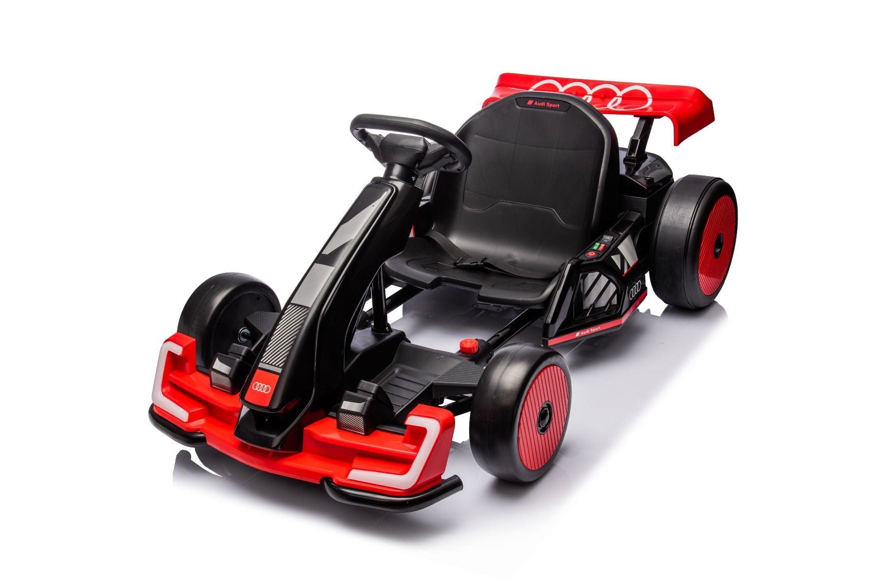 Kart Drift sous licence AUDI 24V, rouge, lumières LED, moteur 2 x 150W, mode Drift avec une vitesse de 12 Km/h, batterie 24V, construction en acier solide, siège réglable, lecteur MP3