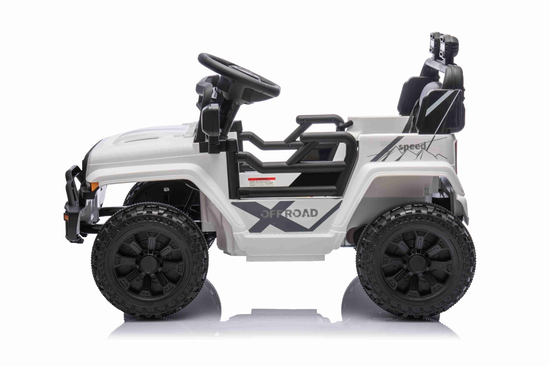 Voiture électrique pour enfants OFFROAD NEW avec traction arrière, blanche, batterie lithium, châssis haut, siège large, suspension arrière, télécommande 2,4 GHz, lumières LED
