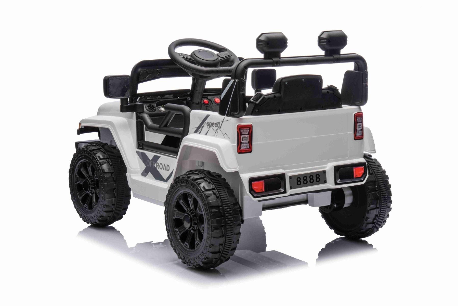 Voiture électrique pour enfants OFFROAD NEW avec traction arrière, blanche, batterie lithium, châssis haut, siège large, suspension arrière, télécommande 2,4 GHz, lumières LED