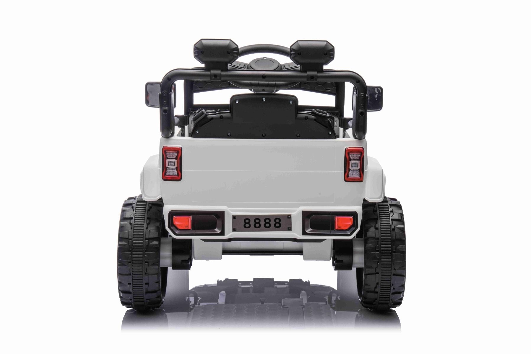 Voiture électrique pour enfants OFFROAD NEW avec traction arrière, blanche, batterie lithium, châssis haut, siège large, suspension arrière, télécommande 2,4 GHz, lumières LED
