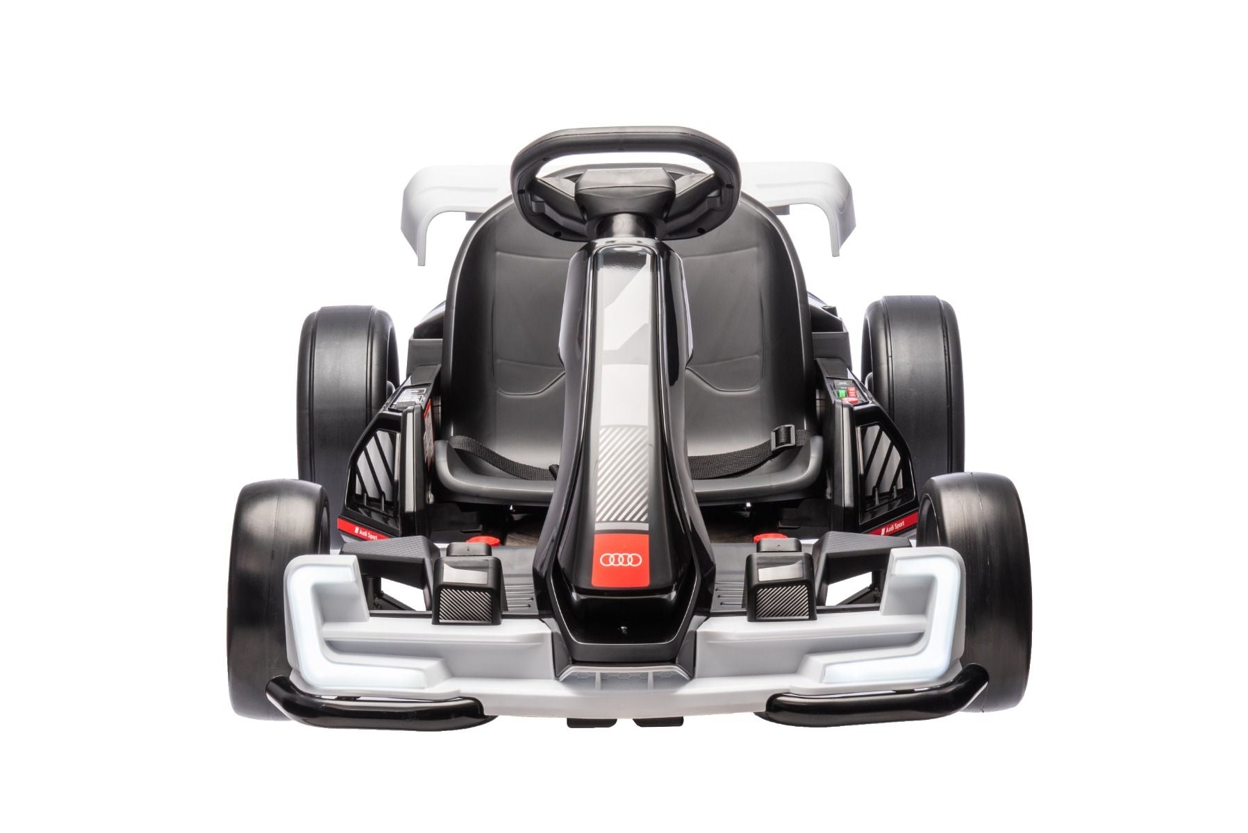 Kart Drift sous licence AUDI 24V, blanc, lumières LED, moteur 2 x 150W, mode Drift avec une vitesse de 12 Km/h, batterie 24V, construction en acier solide, siège réglable, lecteur MP3