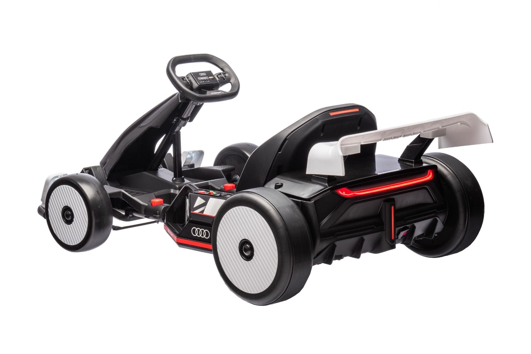 Kart Drift sous licence AUDI 24V, blanc, lumières LED, moteur 2 x 150W, mode Drift avec une vitesse de 12 Km/h, batterie 24V, construction en acier solide, siège réglable, lecteur MP3
