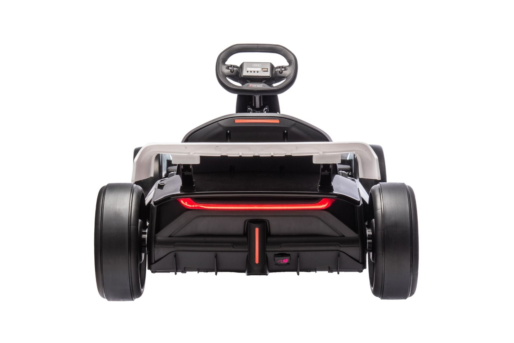 Kart Drift sous licence AUDI 24V, blanc, lumières LED, moteur 2 x 150W, mode Drift avec une vitesse de 12 Km/h, batterie 24V, construction en acier solide, siège réglable, lecteur MP3