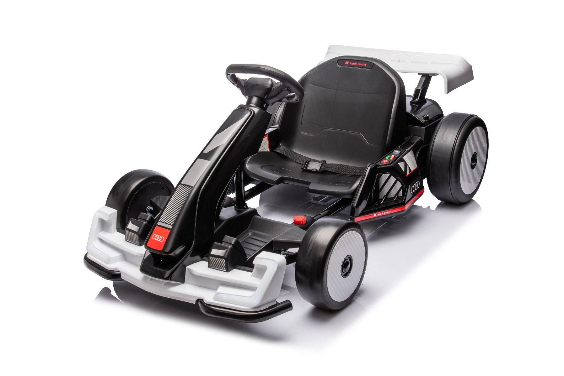 Kart Drift sous licence AUDI 24V, blanc, lumières LED, moteur 2 x 150W, mode Drift avec une vitesse de 12 Km/h, batterie 24V, construction en acier solide, siège réglable, lecteur MP3