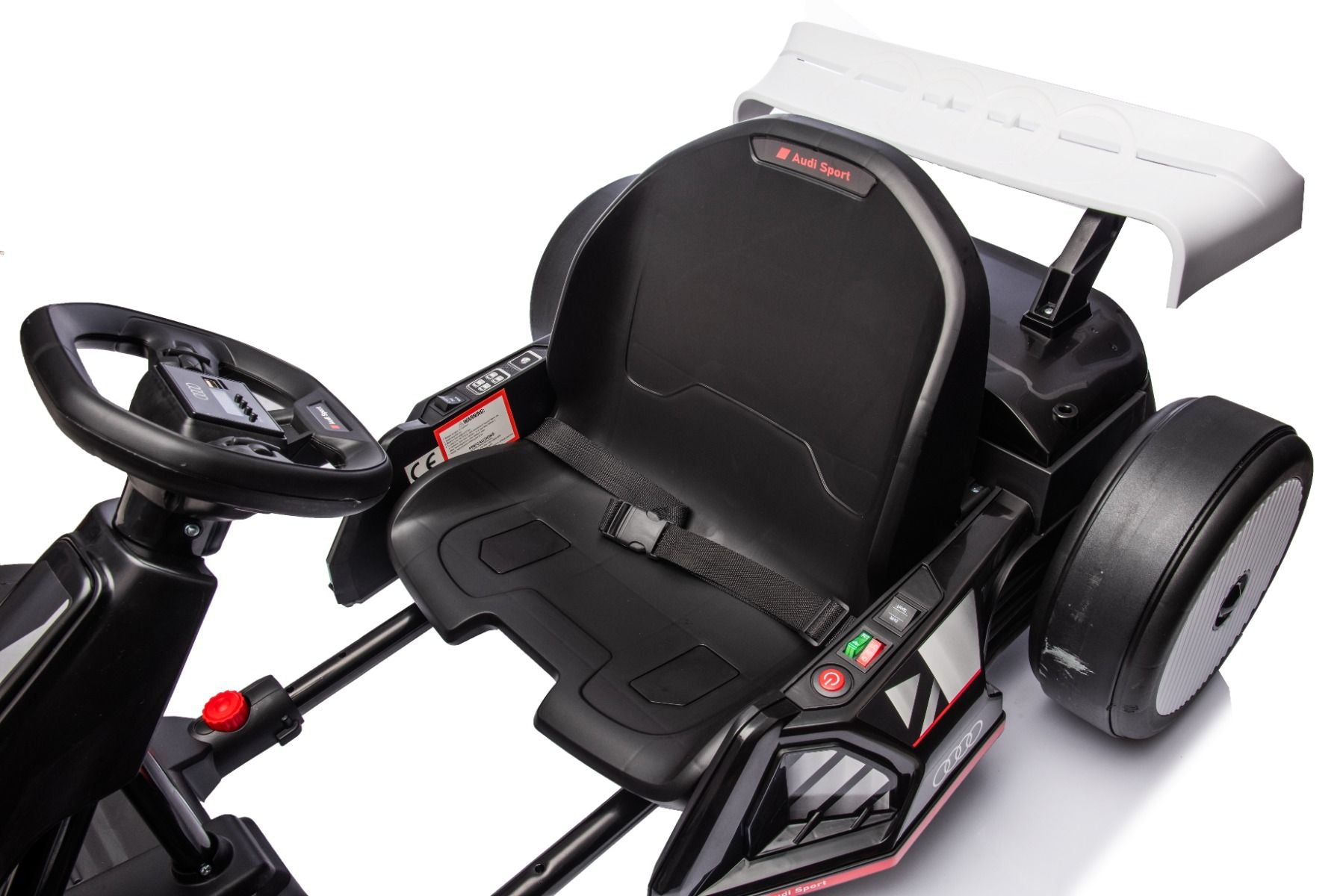 Kart Drift sous licence AUDI 24V, noir, lumières LED, moteur 2 x 150W, mode Drift avec une vitesse de 12 Km/h, batterie 24V, construction en acier solide, siège réglable, lecteur MP3