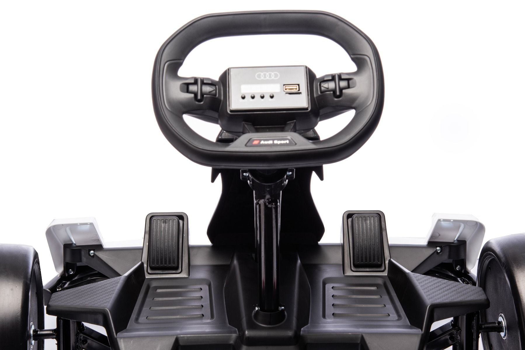 Kart Drift sous licence AUDI 24V, blanc, lumières LED, moteur 2 x 150W, mode Drift avec une vitesse de 12 Km/h, batterie 24V, construction en acier solide, siège réglable, lecteur MP3