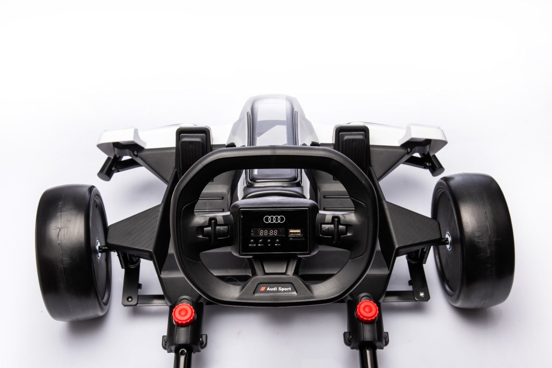 Kart Drift sous licence AUDI 24V, rouge, lumières LED, moteur 2 x 150W, mode Drift avec une vitesse de 12 Km/h, batterie 24V, construction en acier solide, siège réglable, lecteur MP3