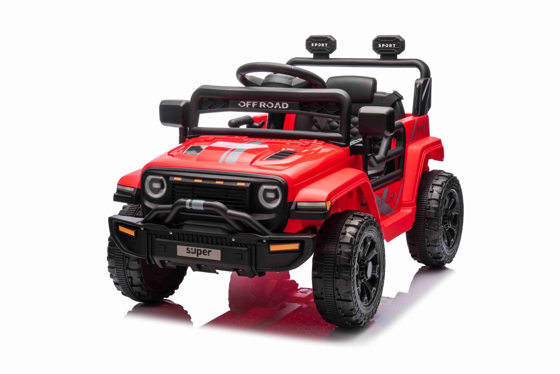 Voiture électrique pour enfants OFFROAD NEW avec traction arrière, rouge, batterie lithium, châssis haut, siège large, suspension arrière, télécommande 2,4 GHz, lumières LED