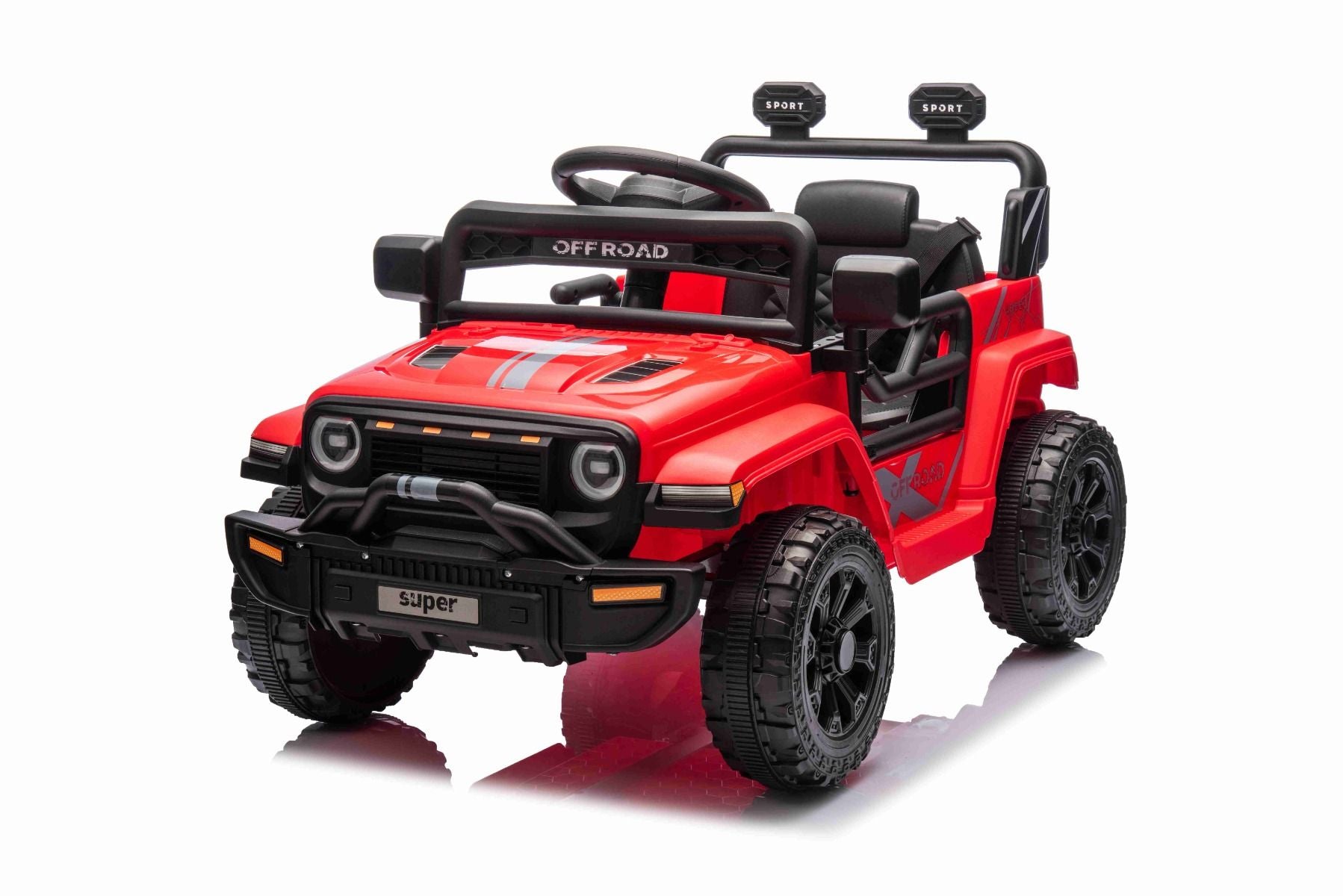 Voiture électrique pour enfants OFFROAD NEW avec traction arrière, rouge, batterie lithium, châssis haut, siège large, suspension arrière, télécommande 2,4 GHz, lumières LED