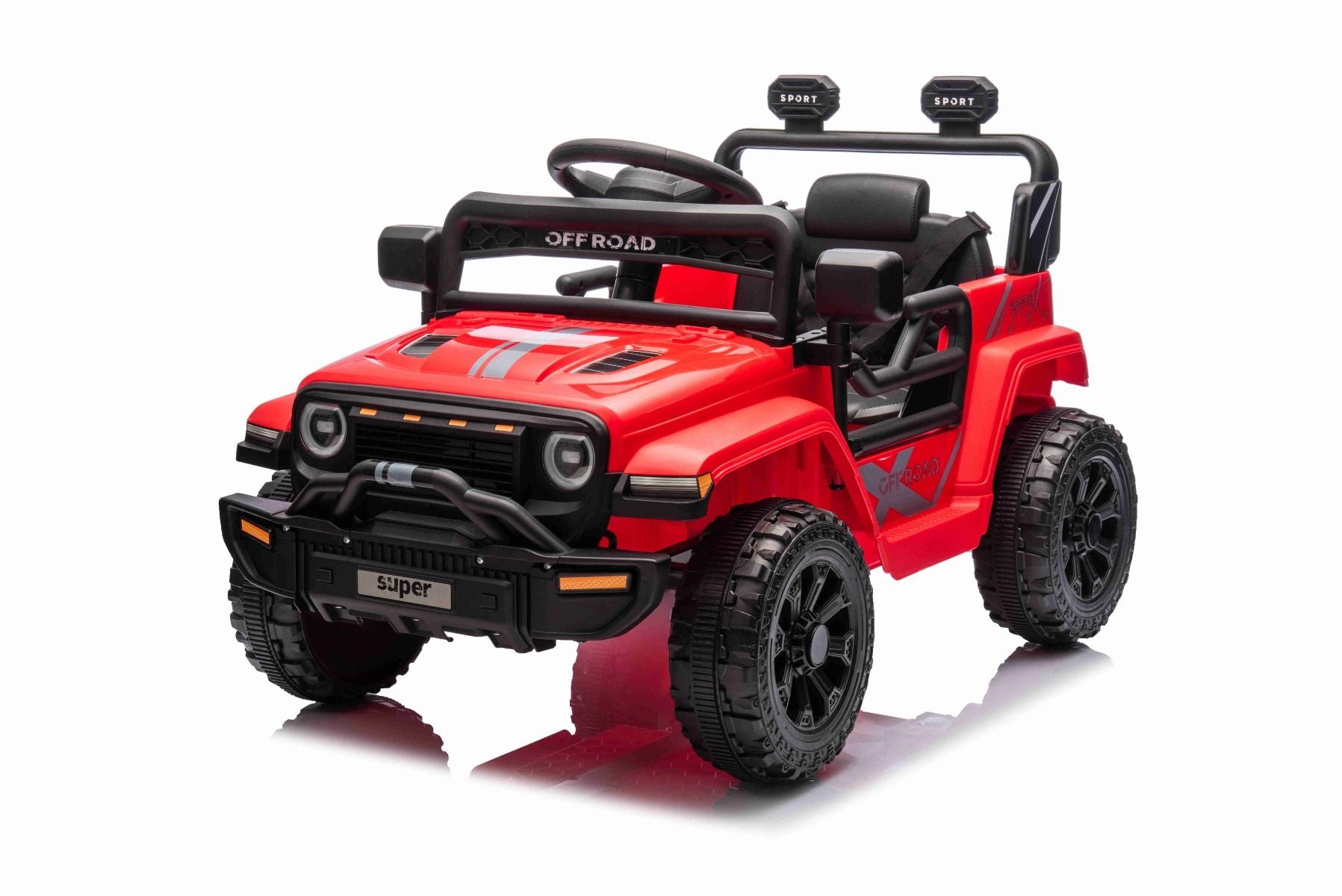 Voiture électrique pour enfants OFFROAD NEW avec traction arrière, rouge, batterie lithium, châssis haut, siège large, suspension arrière, télécommande 2,4 GHz, lumières LED