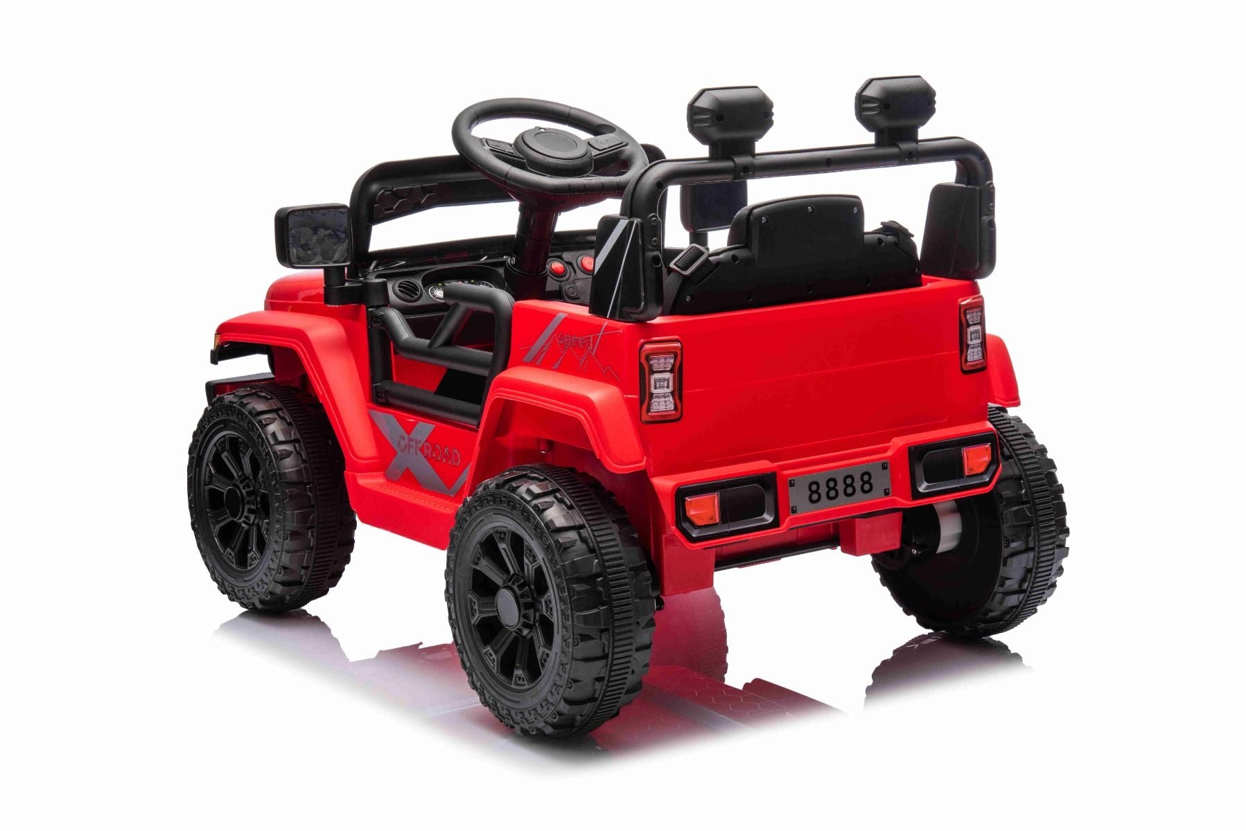 Voiture électrique pour enfants OFFROAD NEW avec traction arrière, rouge, batterie lithium, châssis haut, siège large, suspension arrière, télécommande 2,4 GHz, lumières LED