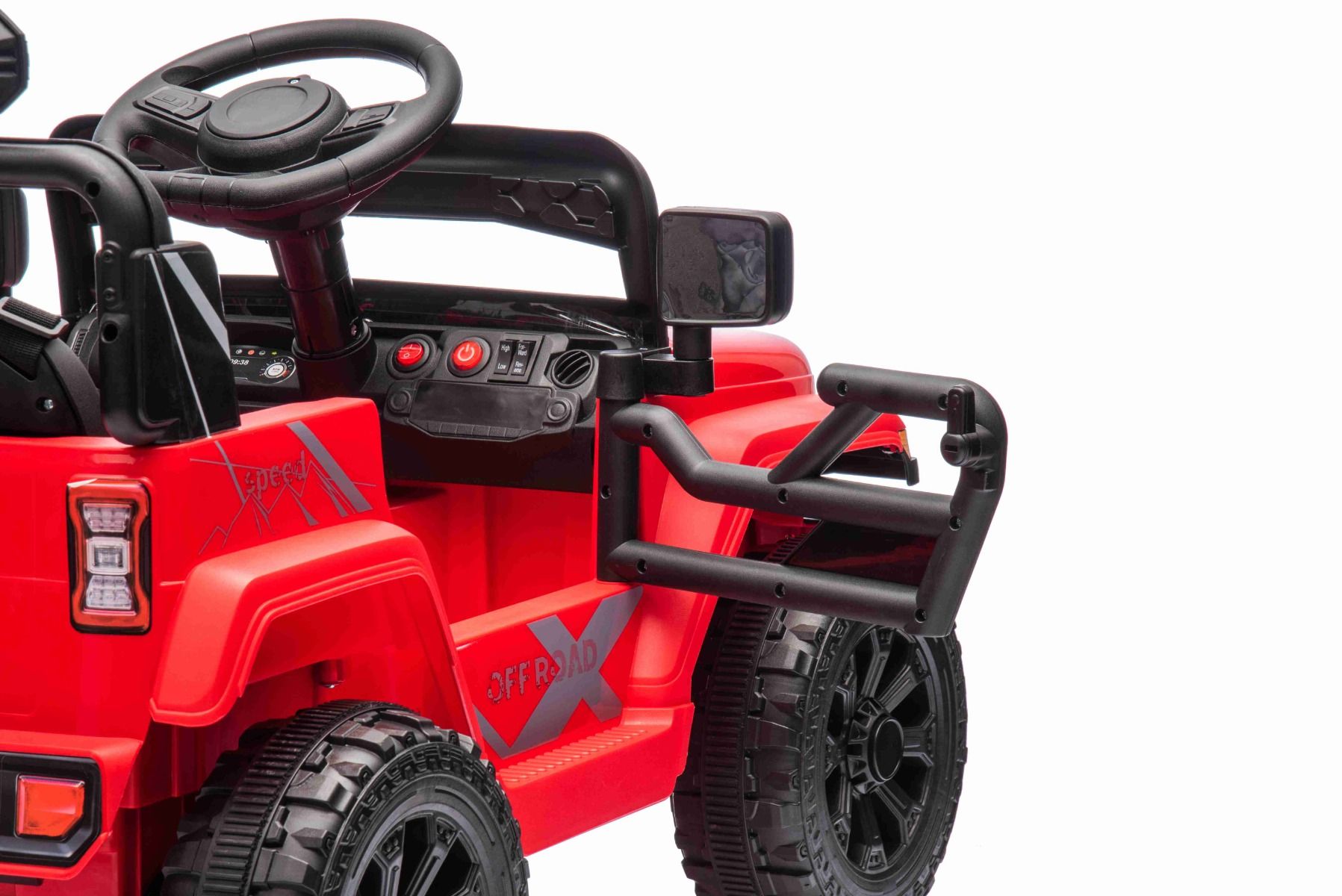 Voiture électrique pour enfants OFFROAD NEW avec traction arrière, rouge, batterie lithium, châssis haut, siège large, suspension arrière, télécommande 2,4 GHz, lumières LED
