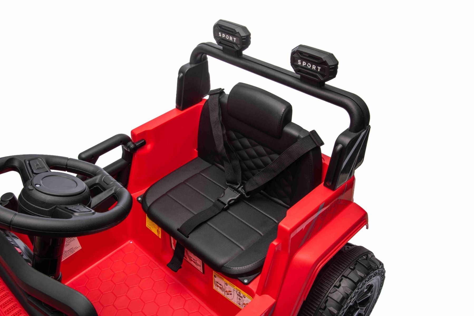Voiture électrique pour enfants OFFROAD NEW avec traction arrière, rouge, batterie lithium, châssis haut, siège large, suspension arrière, télécommande 2,4 GHz, lumières LED