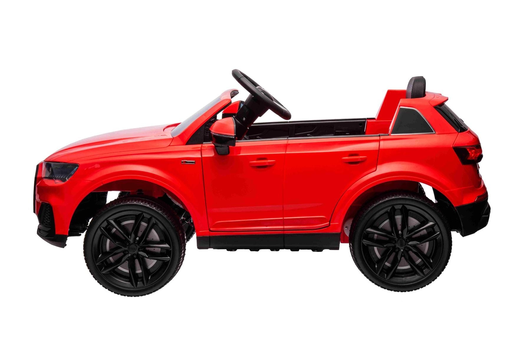 Voiture électrique à conducteur porté Audi Q7 rouge, Monoplace, Suspension indépendante, Batterie 12V, Télécommande, Moteur 2 x 35W, Lumières LED, Lecteur MP3 avec entrée USB/AUX, Licence
