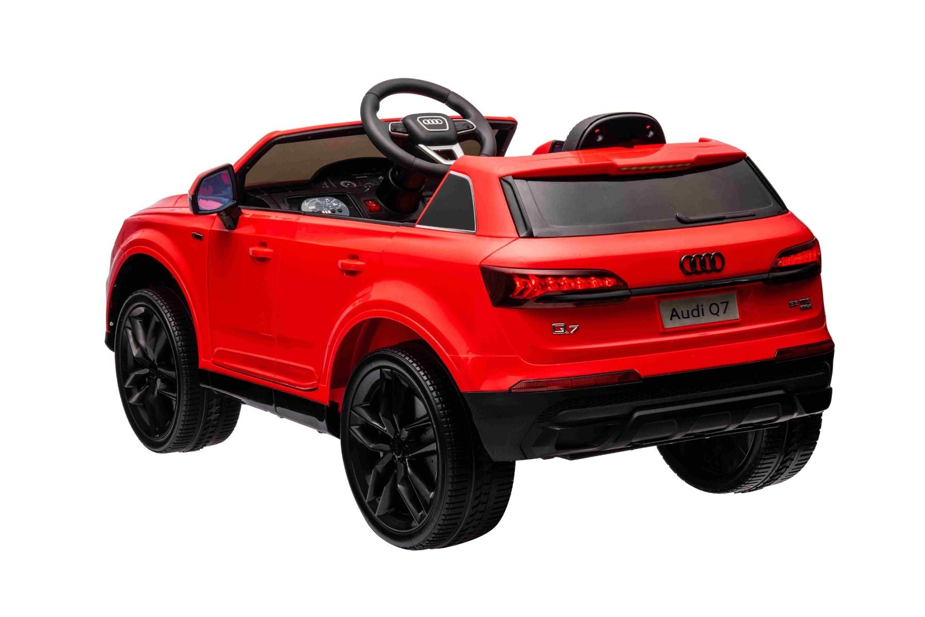 Voiture électrique à conducteur porté Audi Q7 rouge, Monoplace, Suspension indépendante, Batterie 12V, Télécommande, Moteur 2 x 35W, Lumières LED, Lecteur MP3 avec entrée USB/AUX, Licence