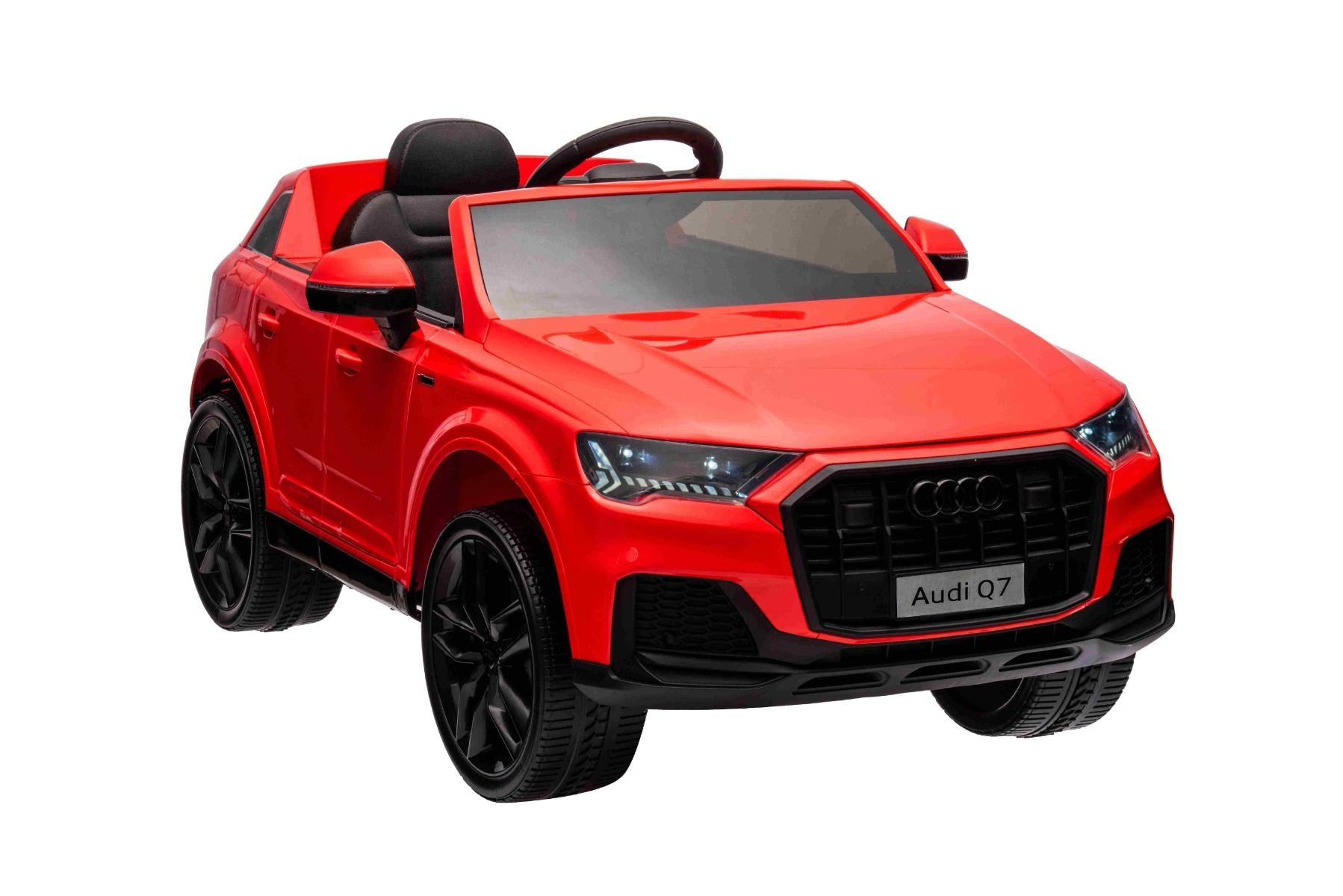 Voiture électrique à conducteur porté Audi Q7 rouge, Monoplace, Suspension indépendante, Batterie 12V, Télécommande, Moteur 2 x 35W, Lumières LED, Lecteur MP3 avec entrée USB/AUX, Licence