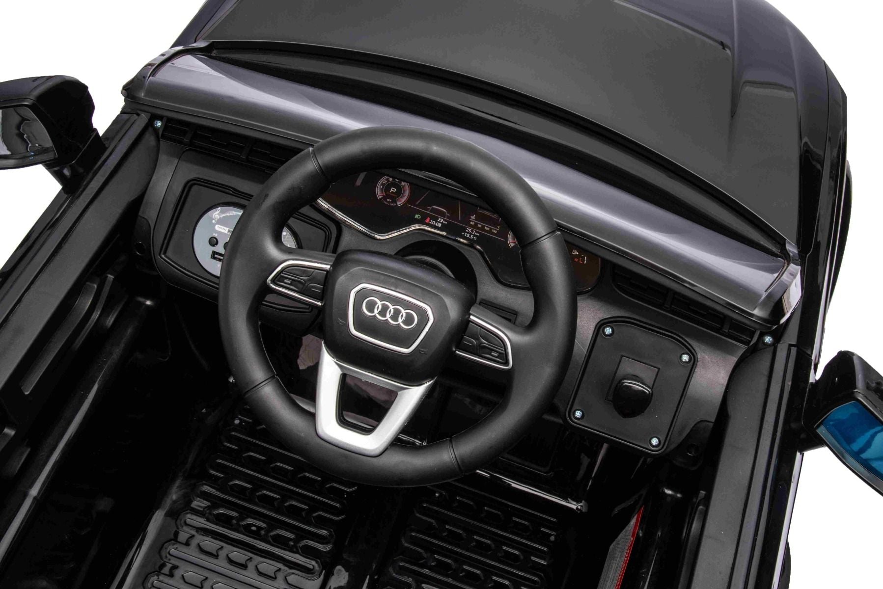 Voiture électrique à conducteur porté Audi Q7 noir, Monoplace, Suspension indépendante, Batterie 12V, Télécommande, Moteur 2 x 35W, Lumières LED, Lecteur MP3 avec entrée USB/AUX, Licence
