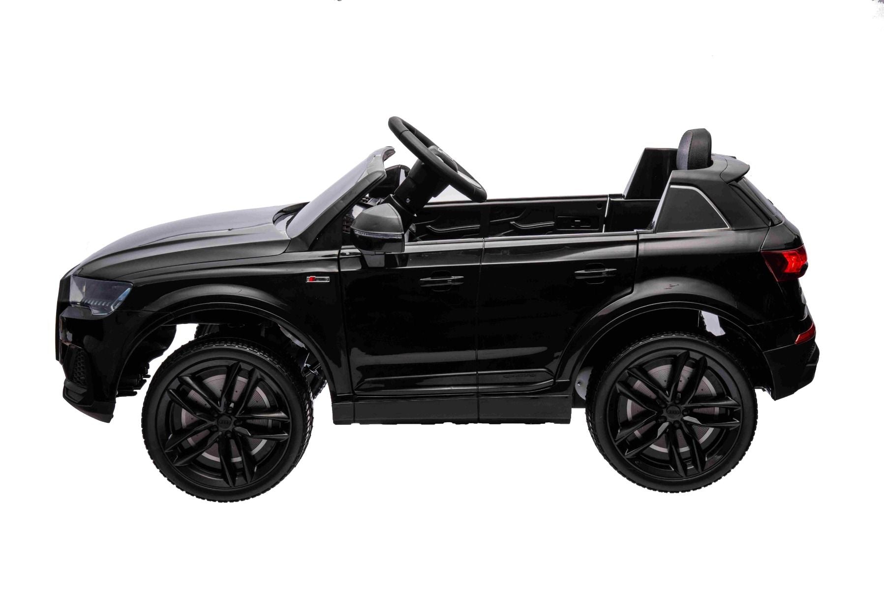 Voiture électrique à conducteur porté Audi Q7 noir, Monoplace, Suspension indépendante, Batterie 12V, Télécommande, Moteur 2 x 35W, Lumières LED, Lecteur MP3 avec entrée USB/AUX, Licence