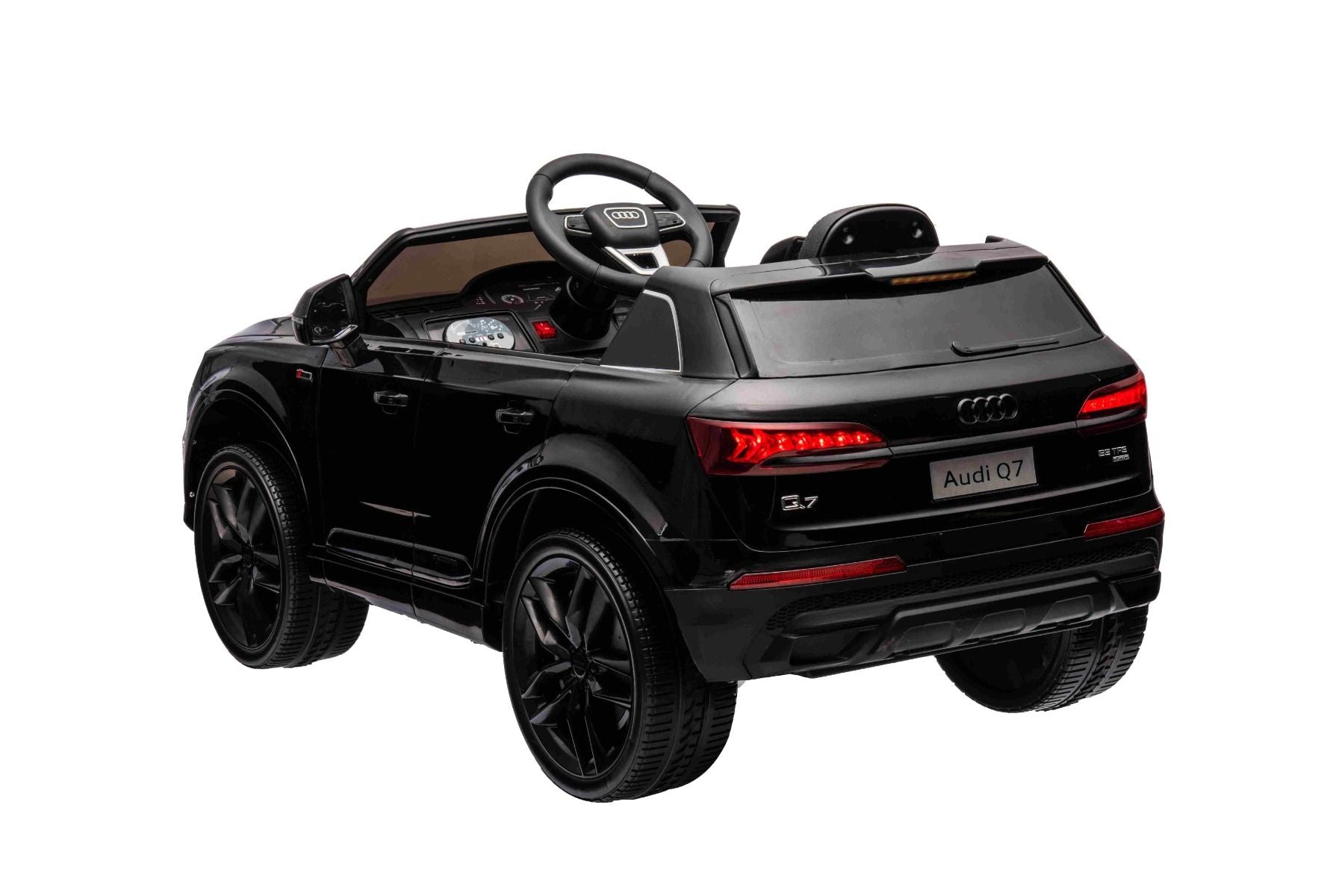 Voiture électrique à conducteur porté Audi Q7 noir, Monoplace, Suspension indépendante, Batterie 12V, Télécommande, Moteur 2 x 35W, Lumières LED, Lecteur MP3 avec entrée USB/AUX, Licence