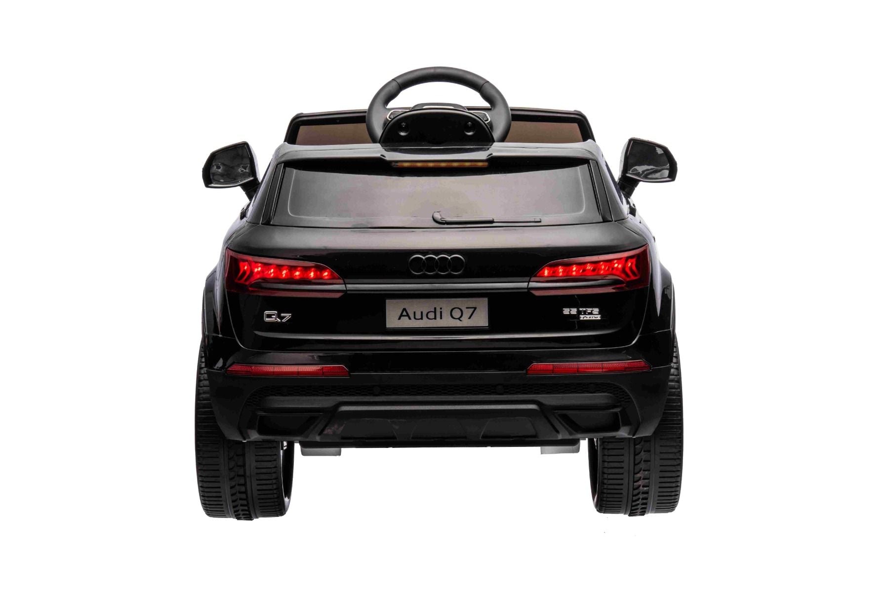Voiture électrique à conducteur porté Audi Q7 noir, Monoplace, Suspension indépendante, Batterie 12V, Télécommande, Moteur 2 x 35W, Lumières LED, Lecteur MP3 avec entrée USB/AUX, Licence