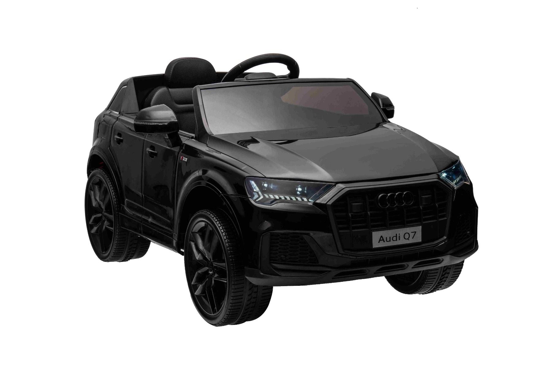 Voiture électrique à conducteur porté Audi Q7 noir, Monoplace, Suspension indépendante, Batterie 12V, Télécommande, Moteur 2 x 35W, Lumières LED, Lecteur MP3 avec entrée USB/AUX, Licence