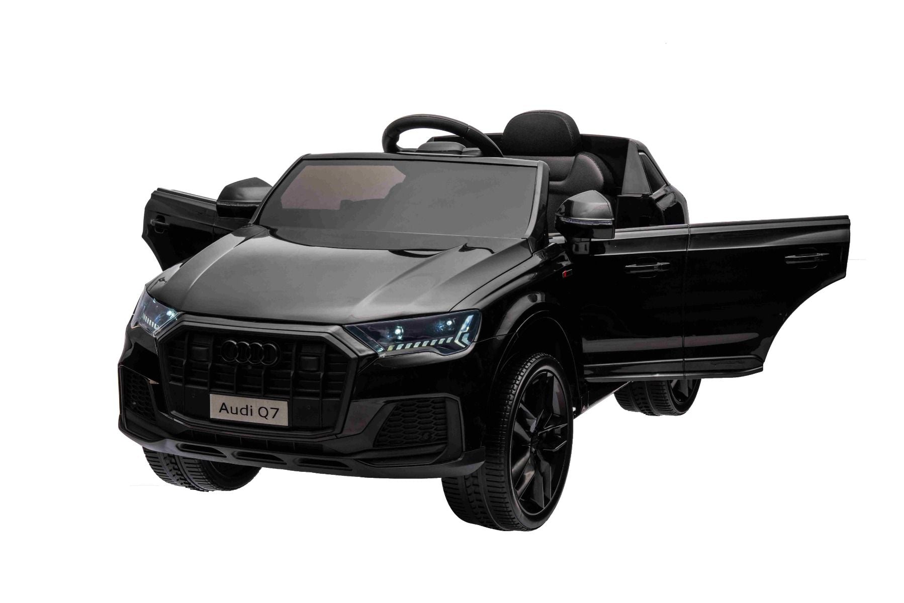 Voiture électrique à conducteur porté Audi Q7 noir, Monoplace, Suspension indépendante, Batterie 12V, Télécommande, Moteur 2 x 35W, Lumières LED, Lecteur MP3 avec entrée USB/AUX, Licence