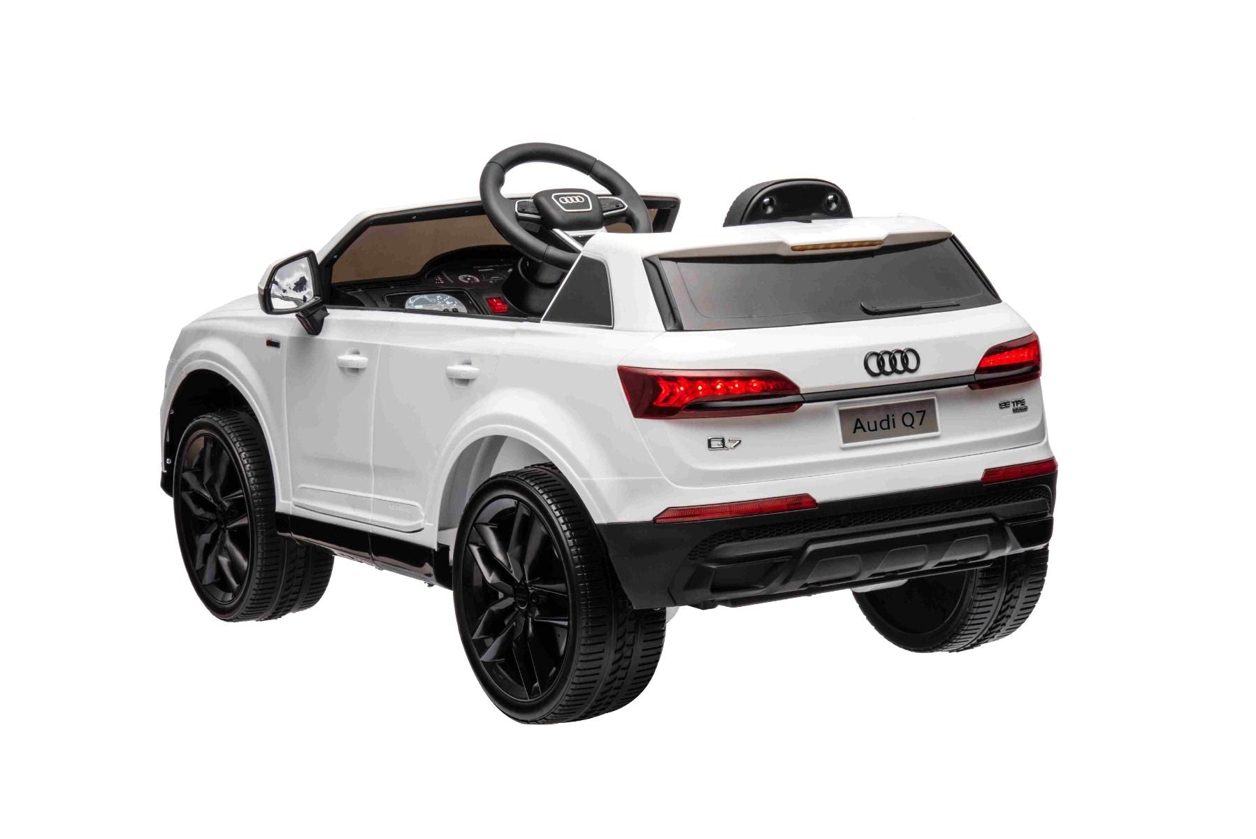 Voiture électrique à conducteur porté Audi Q7 blanc, Monoplace, Suspension indépendante, Batterie 12V, Télécommande, Moteur 2 x 35W, Lumières LED, Lecteur MP3 avec entrée USB/AUX, Licence