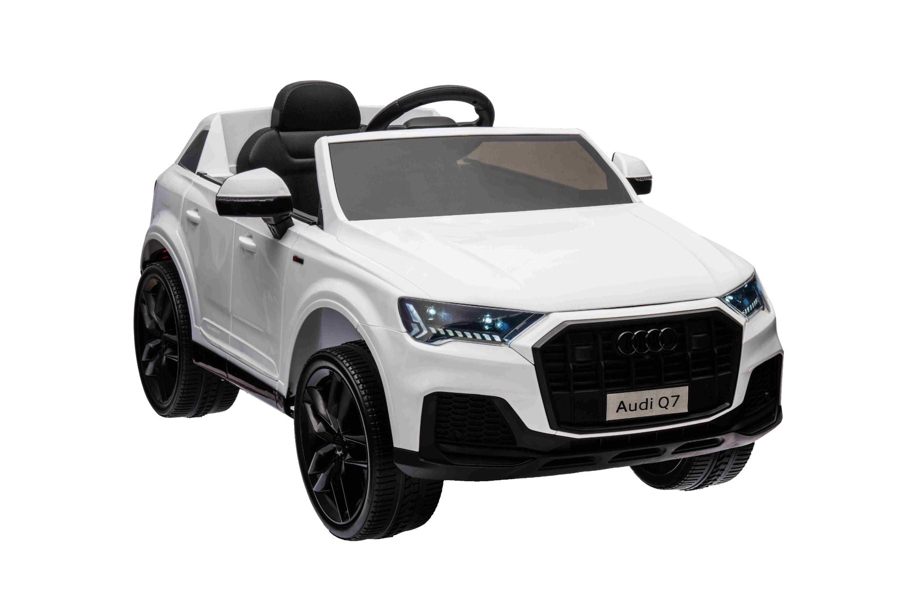 Voiture électrique à conducteur porté Audi Q7 blanc, Monoplace, Suspension indépendante, Batterie 12V, Télécommande, Moteur 2 x 35W, Lumières LED, Lecteur MP3 avec entrée USB/AUX, Licence