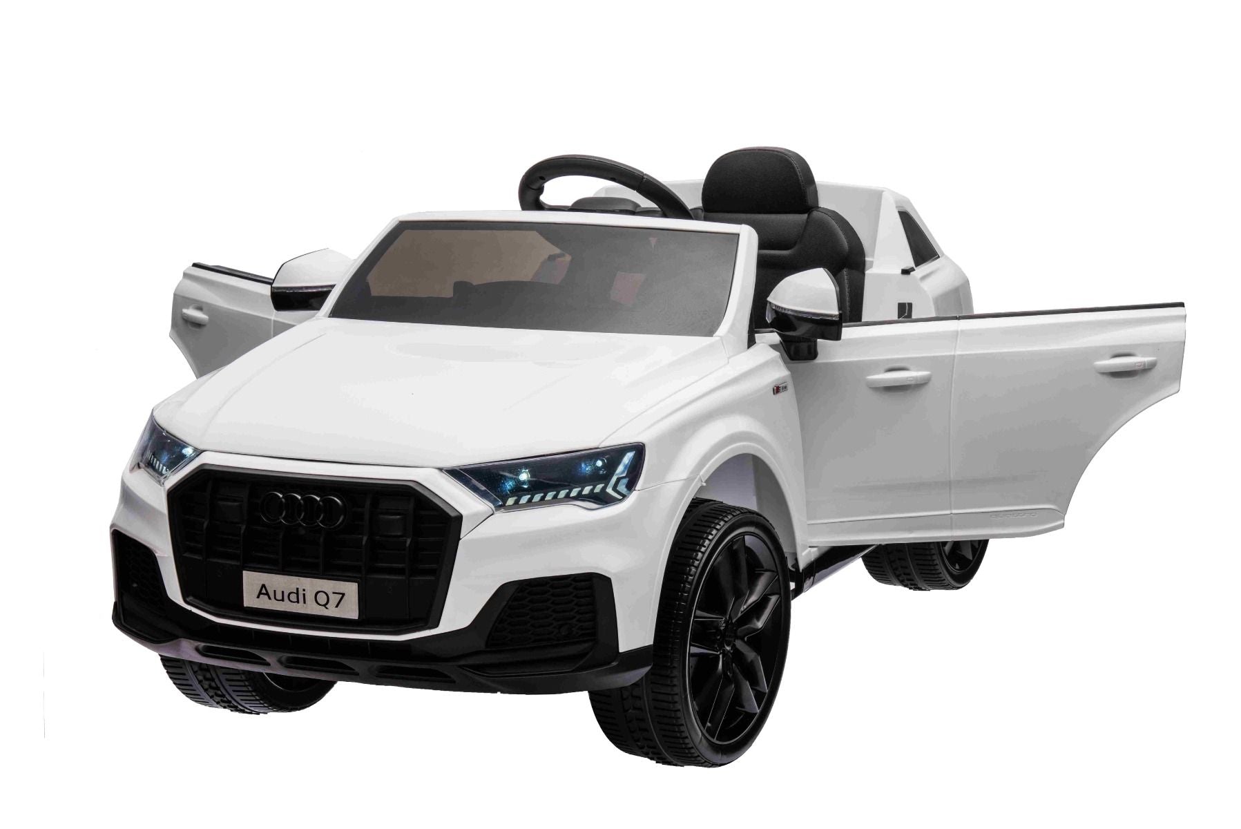 Voiture électrique à conducteur porté Audi Q7 blanc, Monoplace, Suspension indépendante, Batterie 12V, Télécommande, Moteur 2 x 35W, Lumières LED, Lecteur MP3 avec entrée USB/AUX, Licence