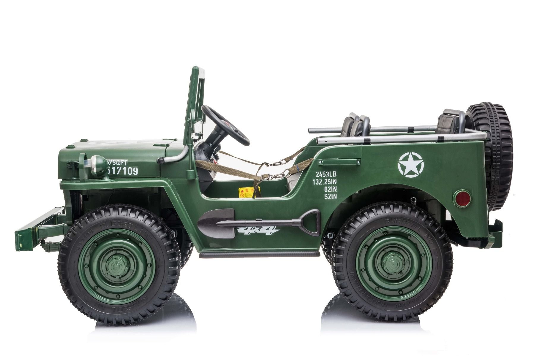 Voiture électrique enfant USA ARMY 4X4, Verte Trois places, Lecteur MP3 avec entrée USB / SD, Suspension intégrale, Éclairage LED, Pare-brise rabattable, Batterie 12V14AH, Roues EVA, Sièges en similicuir, Télécommande 2,4 GHz, 4 x 4 lecteur