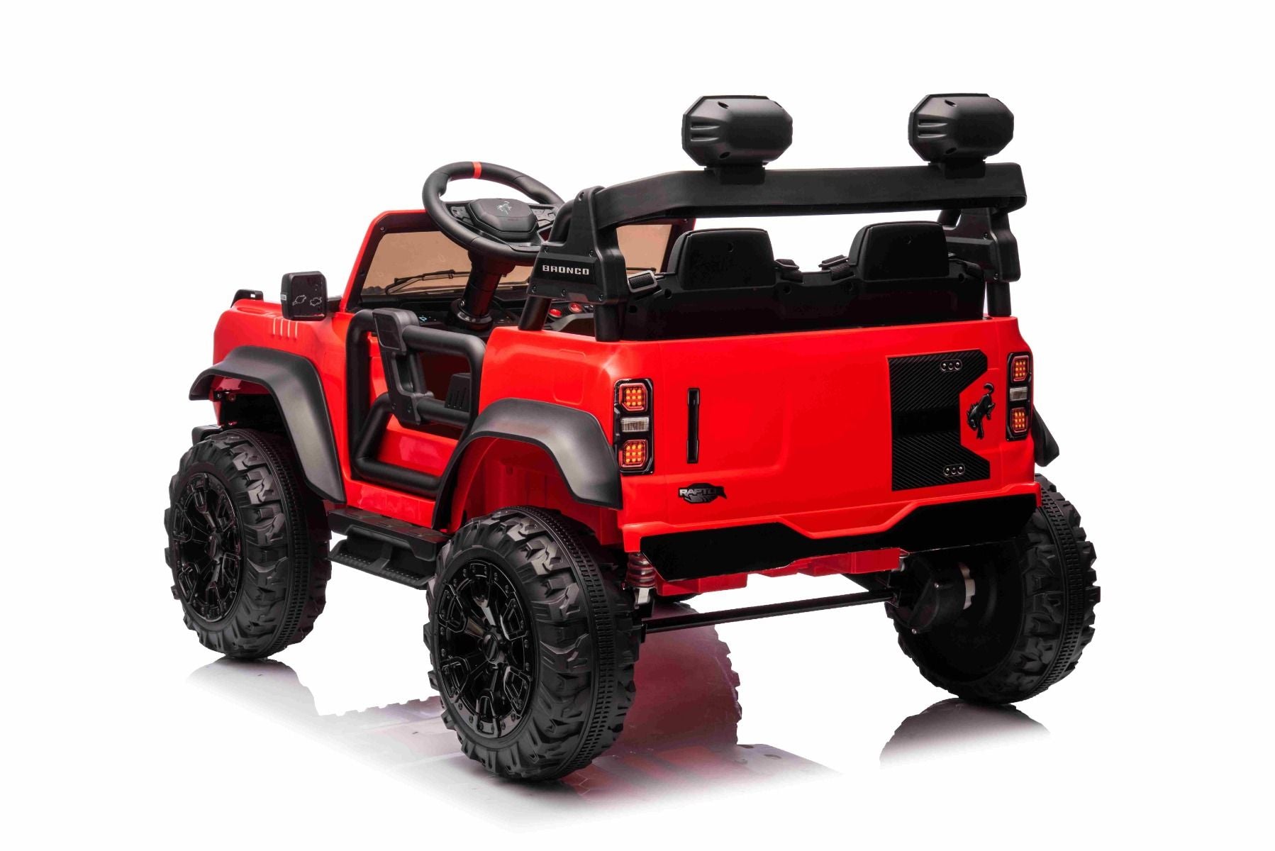 Voiture électrique pour enfants Ford Bronco XL avec propulsion arrière, sous licence (deux places), rouge, batterie au lithium, suspension haute, deux sièges, essieu arrière suspendu, télécommande 2,4 GHz, lecteur MP3 avec entrée USB, lumières LED
