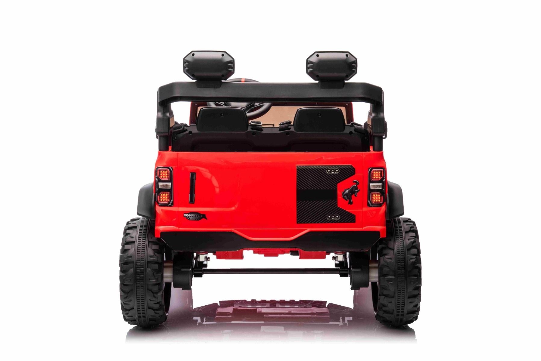 Voiture électrique pour enfants Ford Bronco XL avec propulsion arrière, sous licence (deux places), rouge, batterie au lithium, suspension haute, deux sièges, essieu arrière suspendu, télécommande 2,4 GHz, lecteur MP3 avec entrée USB, lumières LED