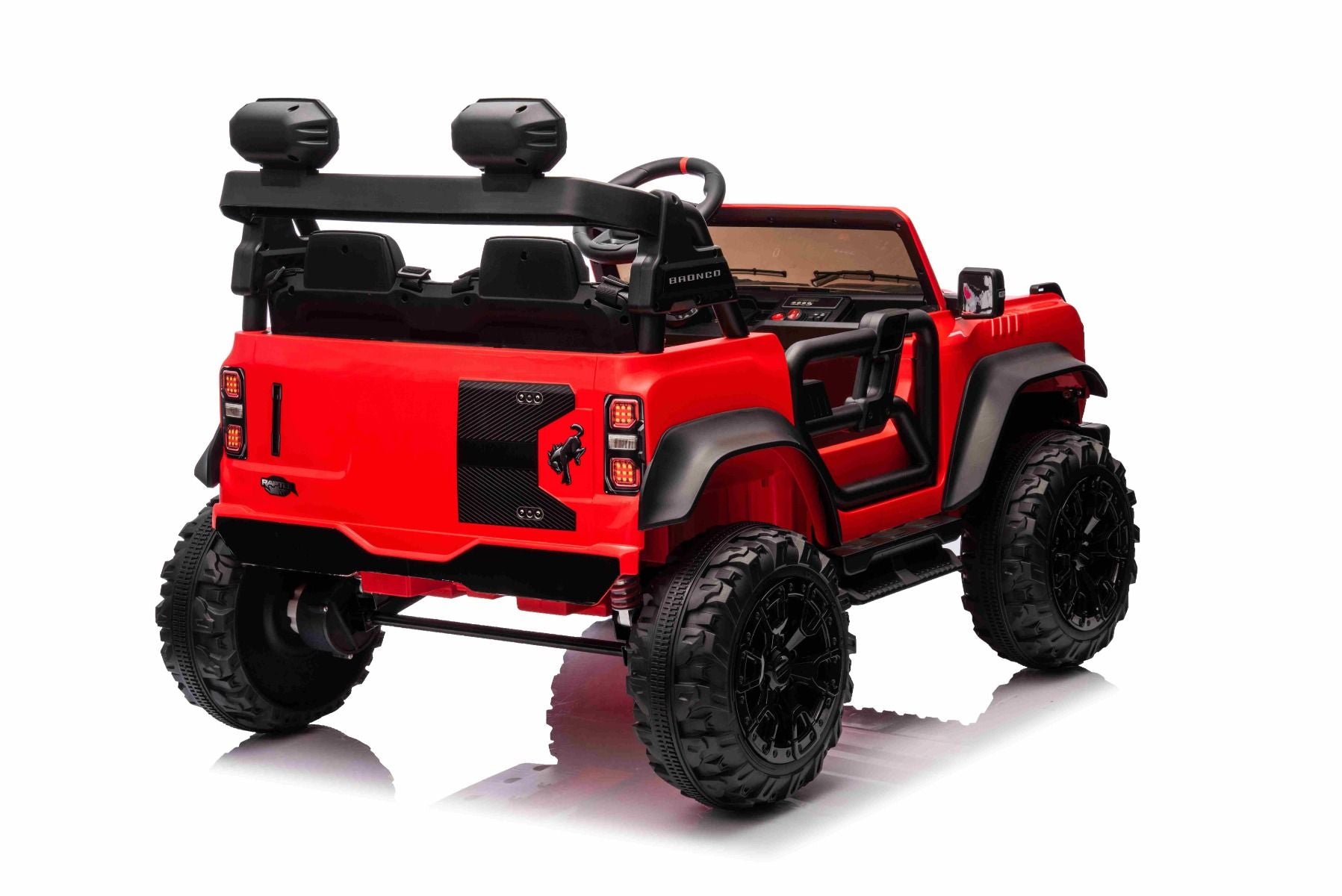 Voiture électrique pour enfants Ford Bronco XL avec propulsion arrière, sous licence (deux places), rouge, batterie au lithium, suspension haute, deux sièges, essieu arrière suspendu, télécommande 2,4 GHz, lecteur MP3 avec entrée USB, lumières LED