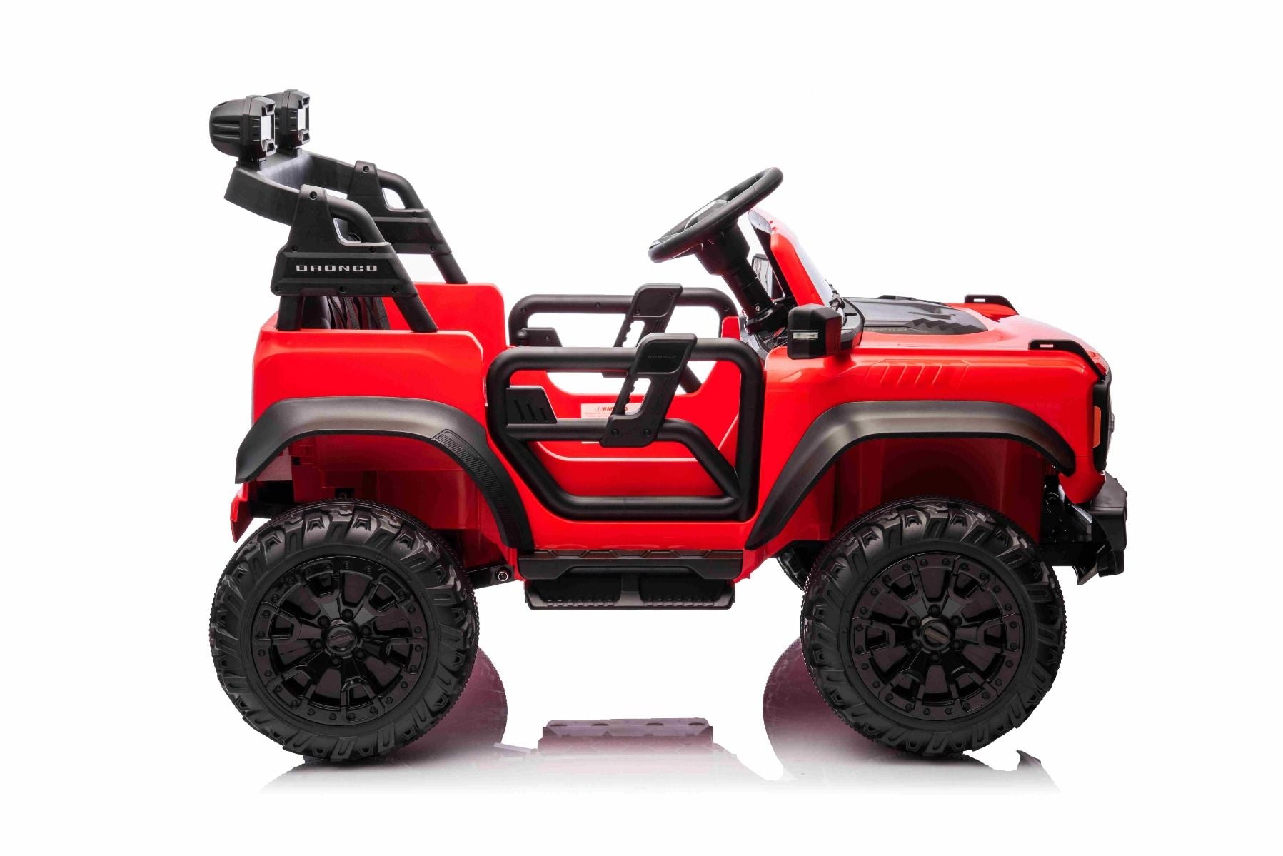 Voiture électrique pour enfants Ford Bronco XL avec propulsion arrière, sous licence (deux places), rouge, batterie au lithium, suspension haute, deux sièges, essieu arrière suspendu, télécommande 2,4 GHz, lecteur MP3 avec entrée USB, lumières LED