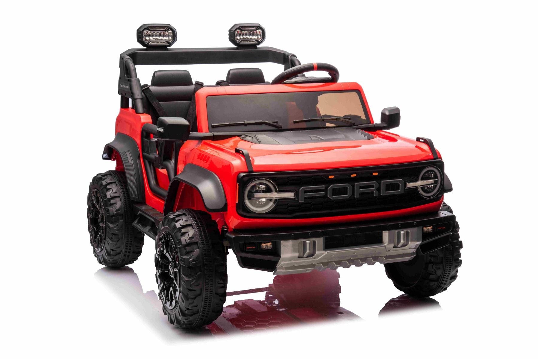 Voiture électrique pour enfants Ford Bronco XL avec propulsion arrière, sous licence (deux places), rouge, batterie au lithium, suspension haute, deux sièges, essieu arrière suspendu, télécommande 2,4 GHz, lecteur MP3 avec entrée USB, lumières LED