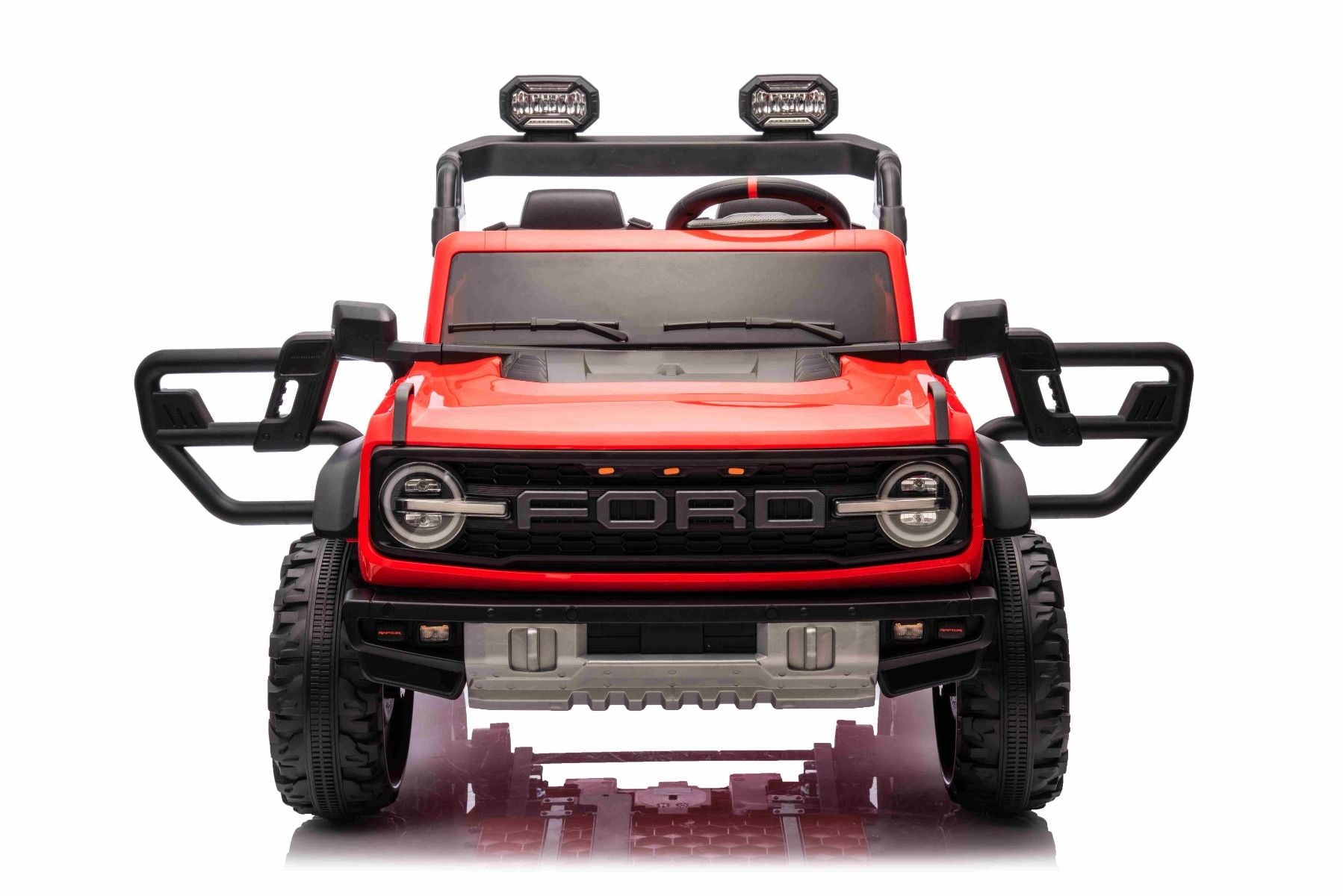 Voiture électrique pour enfants Ford Bronco XL avec propulsion arrière, sous licence (deux places), rouge, batterie au lithium, suspension haute, deux sièges, essieu arrière suspendu, télécommande 2,4 GHz, lecteur MP3 avec entrée USB, lumières LED