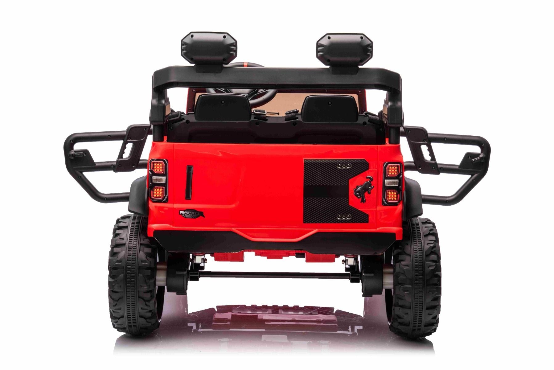 Voiture électrique pour enfants Ford Bronco XL avec propulsion arrière, sous licence (deux places), rouge, batterie au lithium, suspension haute, deux sièges, essieu arrière suspendu, télécommande 2,4 GHz, lecteur MP3 avec entrée USB, lumières LED