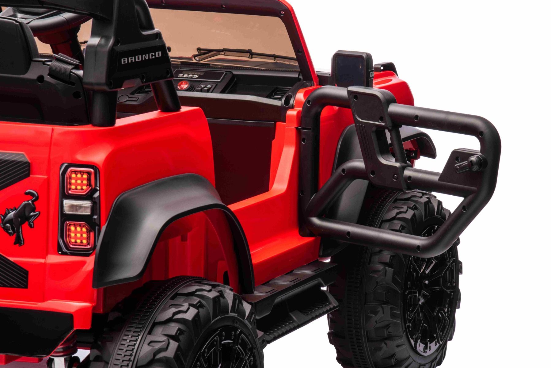 Voiture électrique pour enfants Ford Bronco XL avec propulsion arrière, sous licence (deux places), rouge, batterie au lithium, suspension haute, deux sièges, essieu arrière suspendu, télécommande 2,4 GHz, lecteur MP3 avec entrée USB, lumières LED