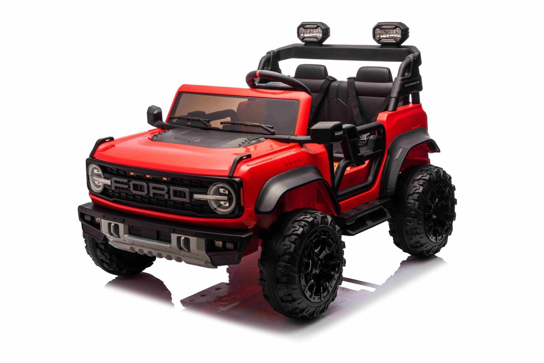 Voiture électrique pour enfants Ford Bronco XL avec propulsion arrière, sous licence (deux places), rouge, batterie au lithium, suspension haute, deux sièges, essieu arrière suspendu, télécommande 2,4 GHz, lecteur MP3 avec entrée USB, lumières LED