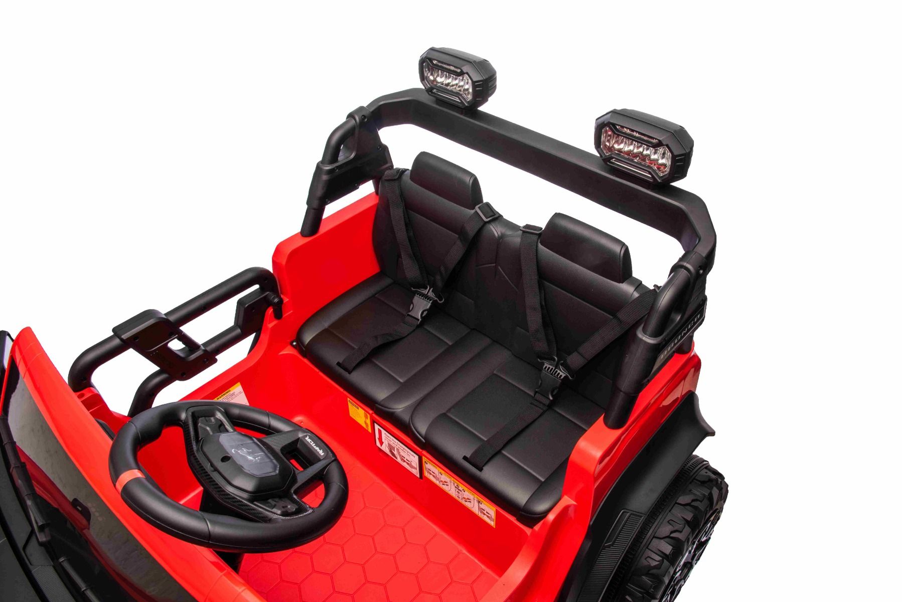 Voiture électrique pour enfants Ford Bronco XL avec propulsion arrière, sous licence (deux places), rouge, batterie au lithium, suspension haute, deux sièges, essieu arrière suspendu, télécommande 2,4 GHz, lecteur MP3 avec entrée USB, lumières LED