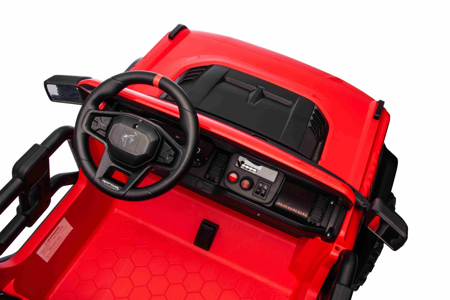 Voiture électrique pour enfants Ford Bronco XL avec propulsion arrière, sous licence (deux places), rouge, batterie au lithium, suspension haute, deux sièges, essieu arrière suspendu, télécommande 2,4 GHz, lecteur MP3 avec entrée USB, lumières LED