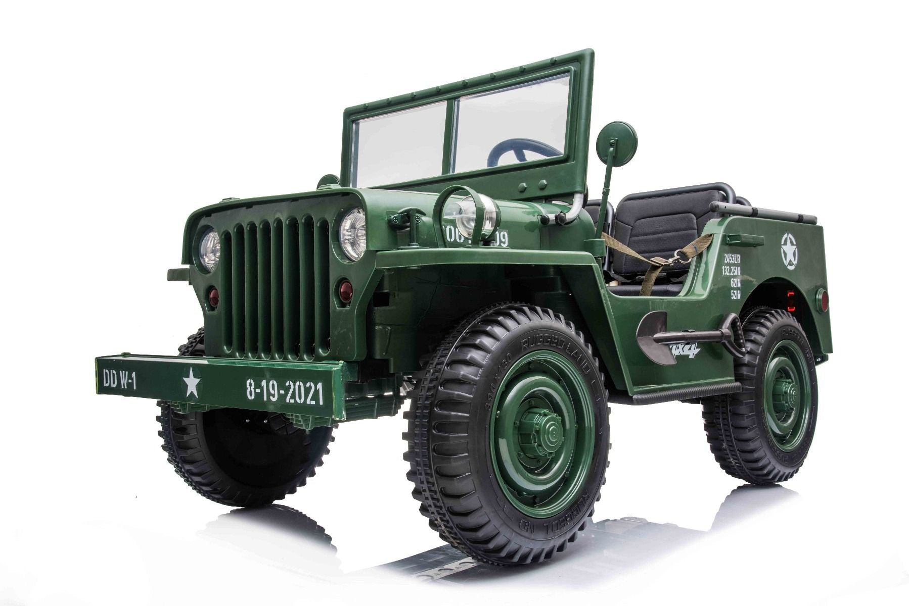 Voiture électrique enfant USA ARMY 4X4, Verte Trois places, Lecteur MP3 avec entrée USB / SD, Suspension intégrale, Éclairage LED, Pare-brise rabattable, Batterie 12V14AH, Roues EVA, Sièges en similicuir, Télécommande 2,4 GHz, 4 x 4 lecteur