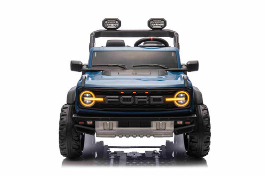 Voiture électrique pour enfants Ford Bronco XL avec propulsion arrière, sous licence (deux places), bleue, batterie au lithium, suspension haute, deux sièges, essieu arrière suspendu, télécommande 2,4 GHz, lecteur MP3 avec entrée USB, lumières LED