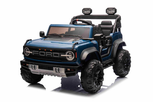 Voiture électrique pour enfants Ford Bronco XL avec propulsion arrière, sous licence (deux places), bleue, batterie au lithium, suspension haute, deux sièges, essieu arrière suspendu, télécommande 2,4 GHz, lecteur MP3 avec entrée USB, lumières LED