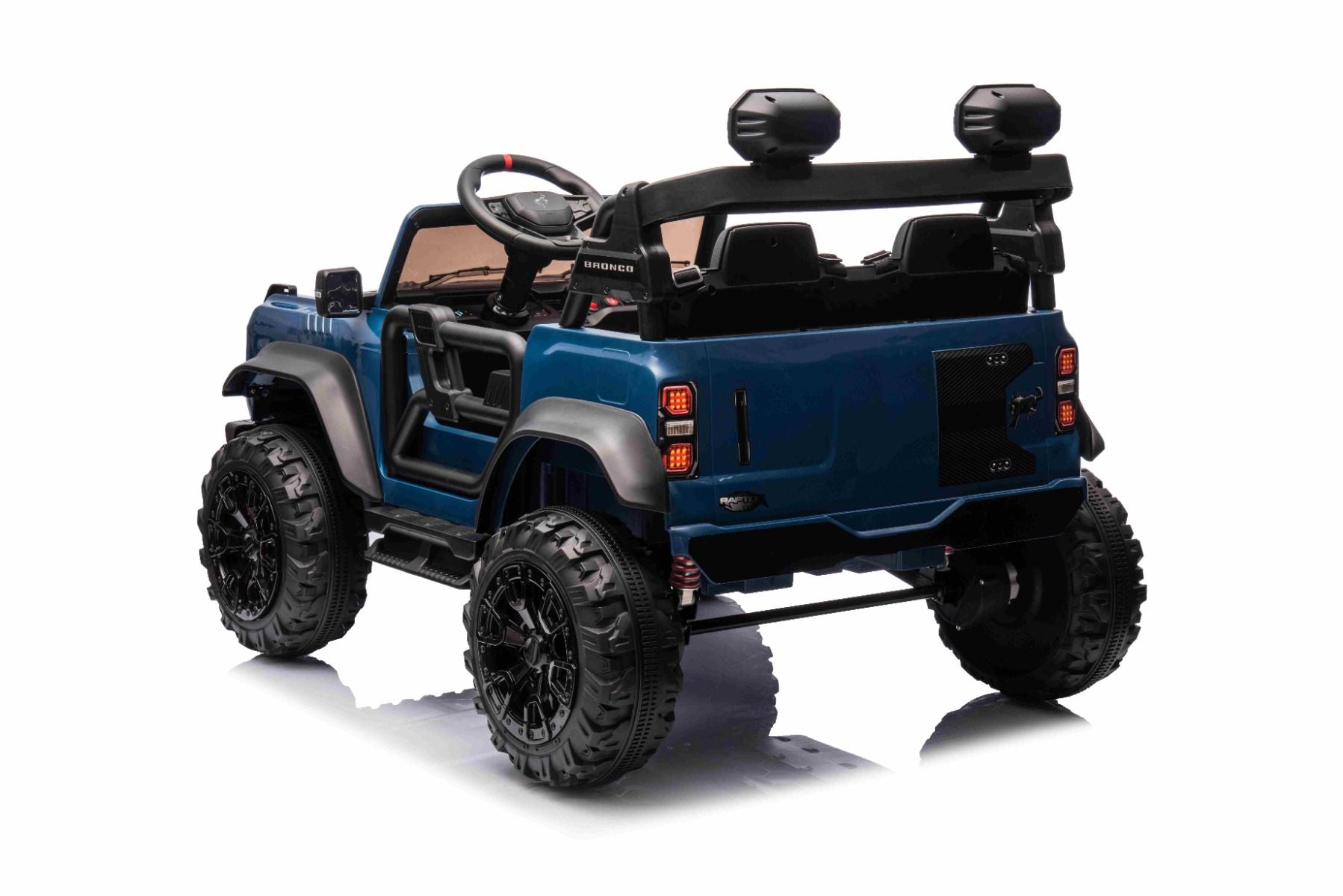 Voiture électrique pour enfants Ford Bronco XL avec propulsion arrière, sous licence (deux places), bleue, batterie au lithium, suspension haute, deux sièges, essieu arrière suspendu, télécommande 2,4 GHz, lecteur MP3 avec entrée USB, lumières LED
