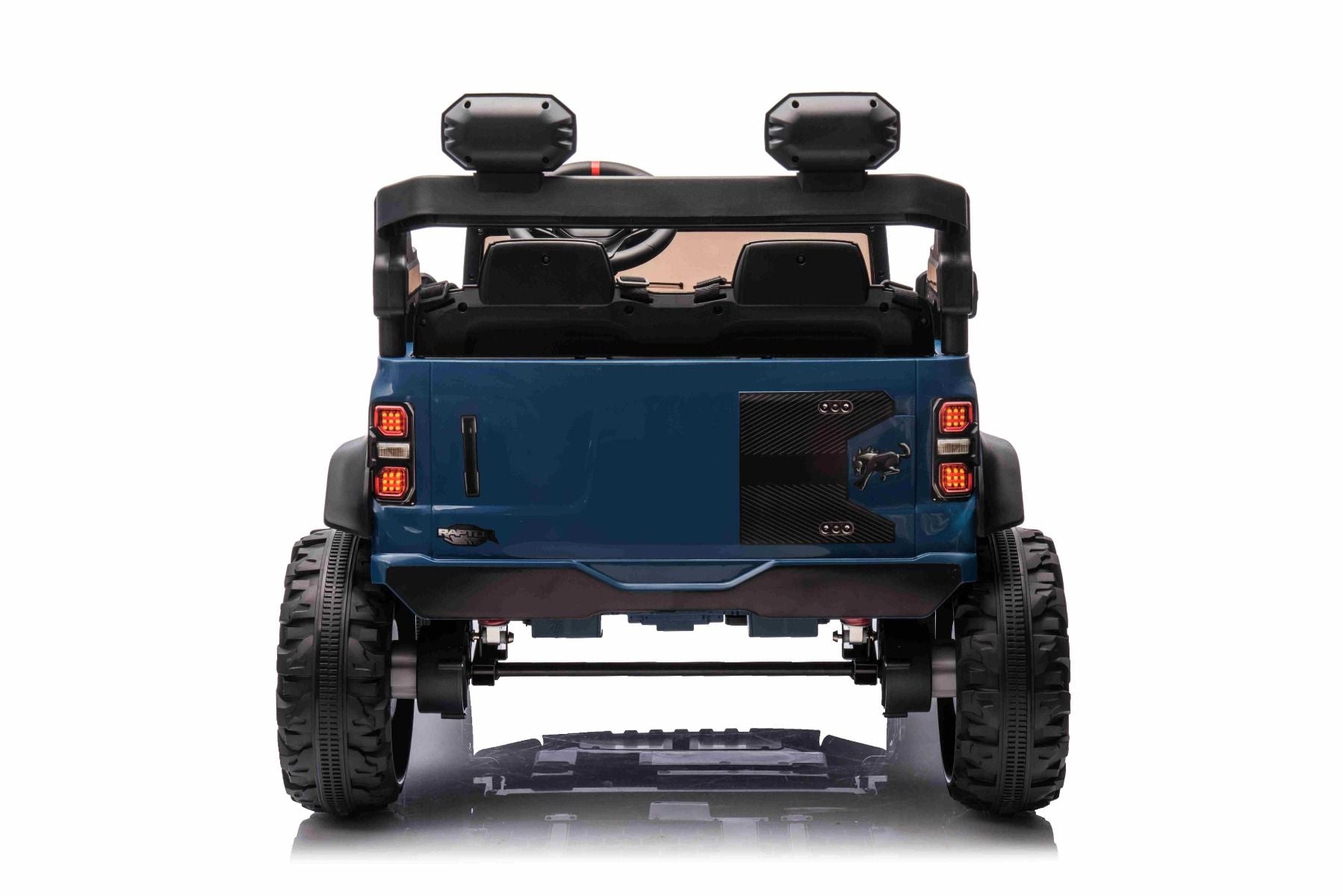 Voiture électrique pour enfants Ford Bronco XL avec propulsion arrière, sous licence (deux places), bleue, batterie au lithium, suspension haute, deux sièges, essieu arrière suspendu, télécommande 2,4 GHz, lecteur MP3 avec entrée USB, lumières LED