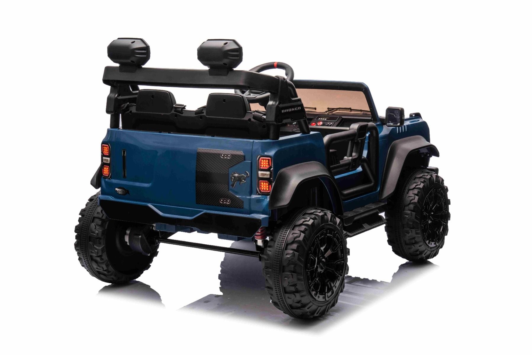 Voiture électrique pour enfants Ford Bronco XL avec propulsion arrière, sous licence (deux places), bleue, batterie au lithium, suspension haute, deux sièges, essieu arrière suspendu, télécommande 2,4 GHz, lecteur MP3 avec entrée USB, lumières LED