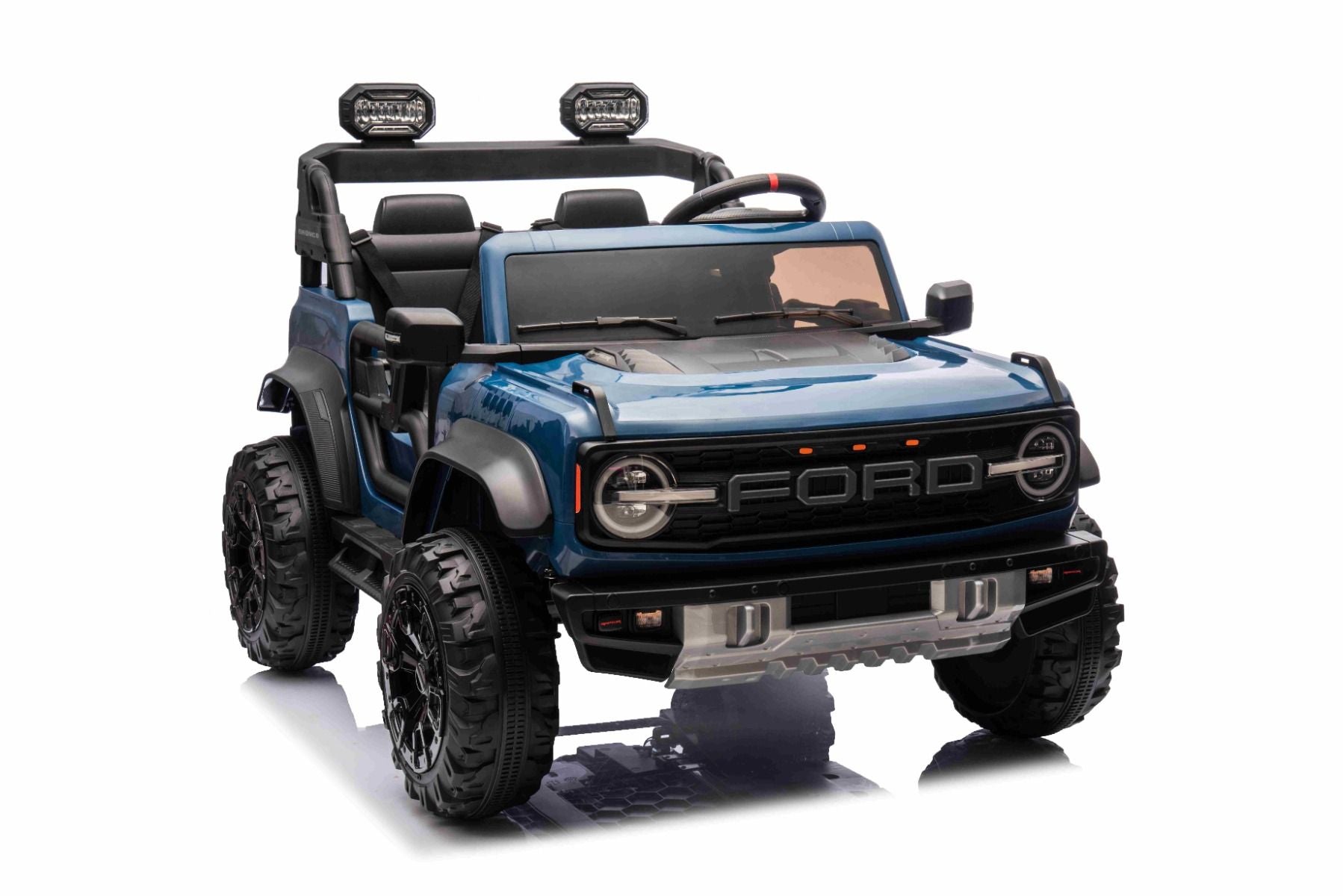 Voiture électrique pour enfants Ford Bronco XL avec propulsion arrière, sous licence (deux places), bleue, batterie au lithium, suspension haute, deux sièges, essieu arrière suspendu, télécommande 2,4 GHz, lecteur MP3 avec entrée USB, lumières LED